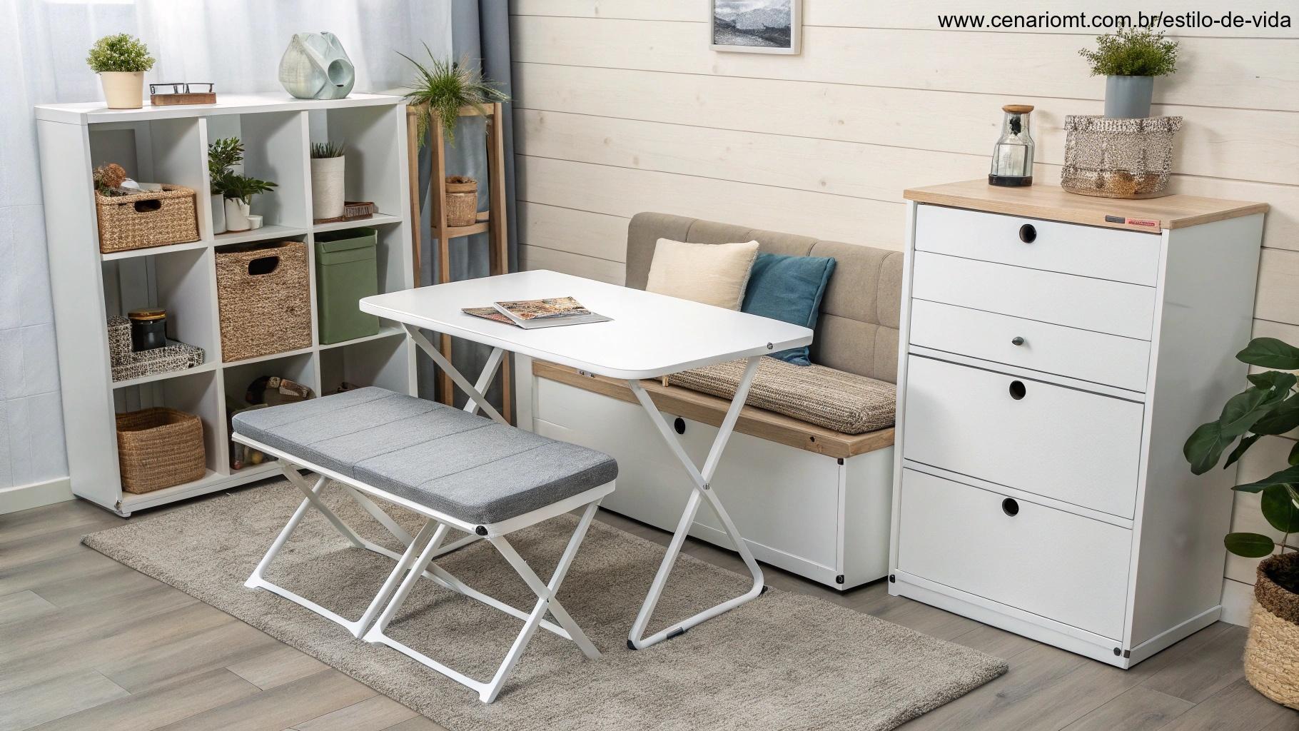 Designs de móveis compactos e multifuncionais, incluindo uma mesa dobrável, banco com armazenamento e prateleiras modulares em um espaço pequeno e minimalista.