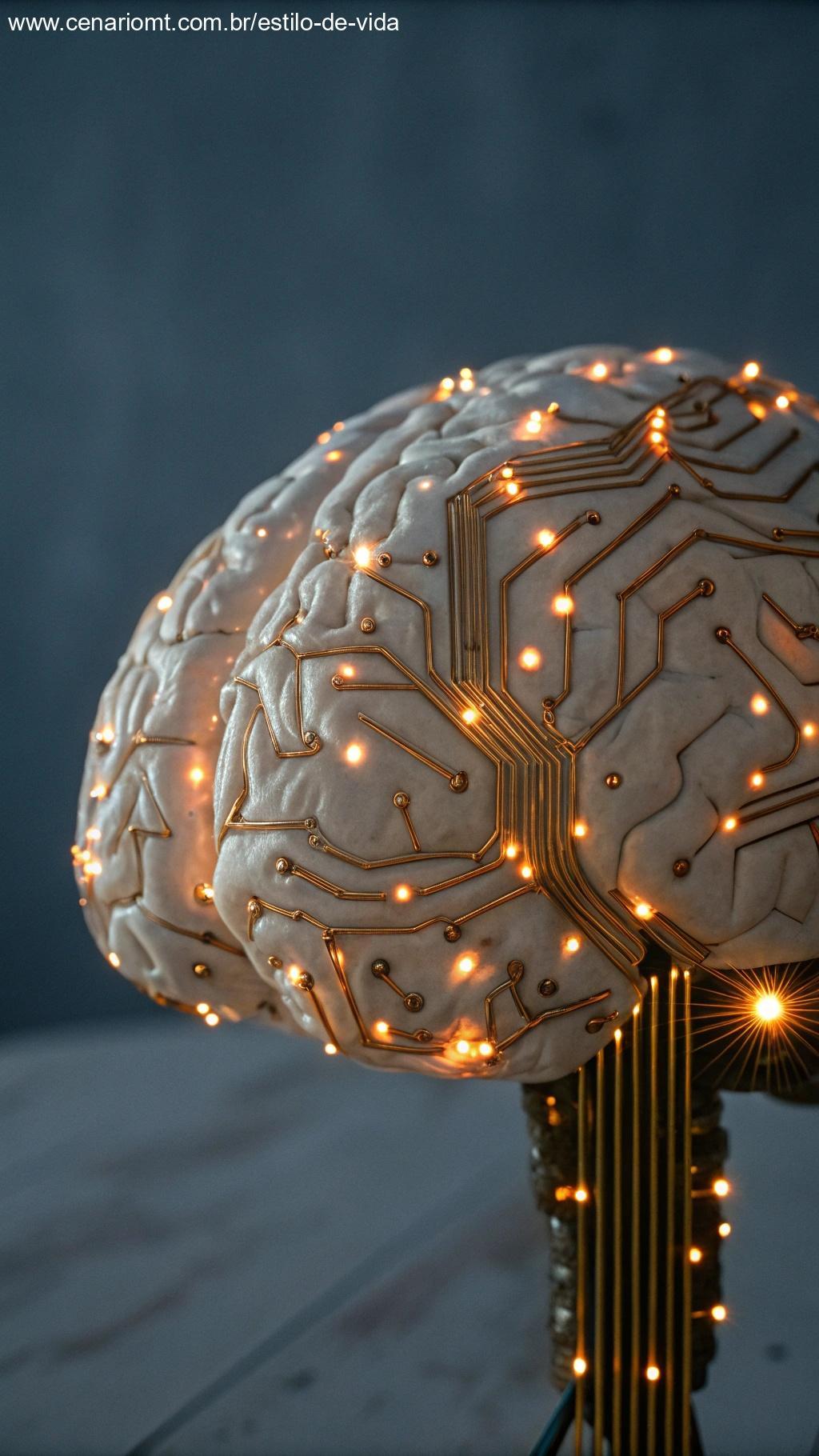 Imagem surreal de um cérebro entrelaçado com circuitos e luzes brilhantes, simbolizando a complexidade do processamento de informações.