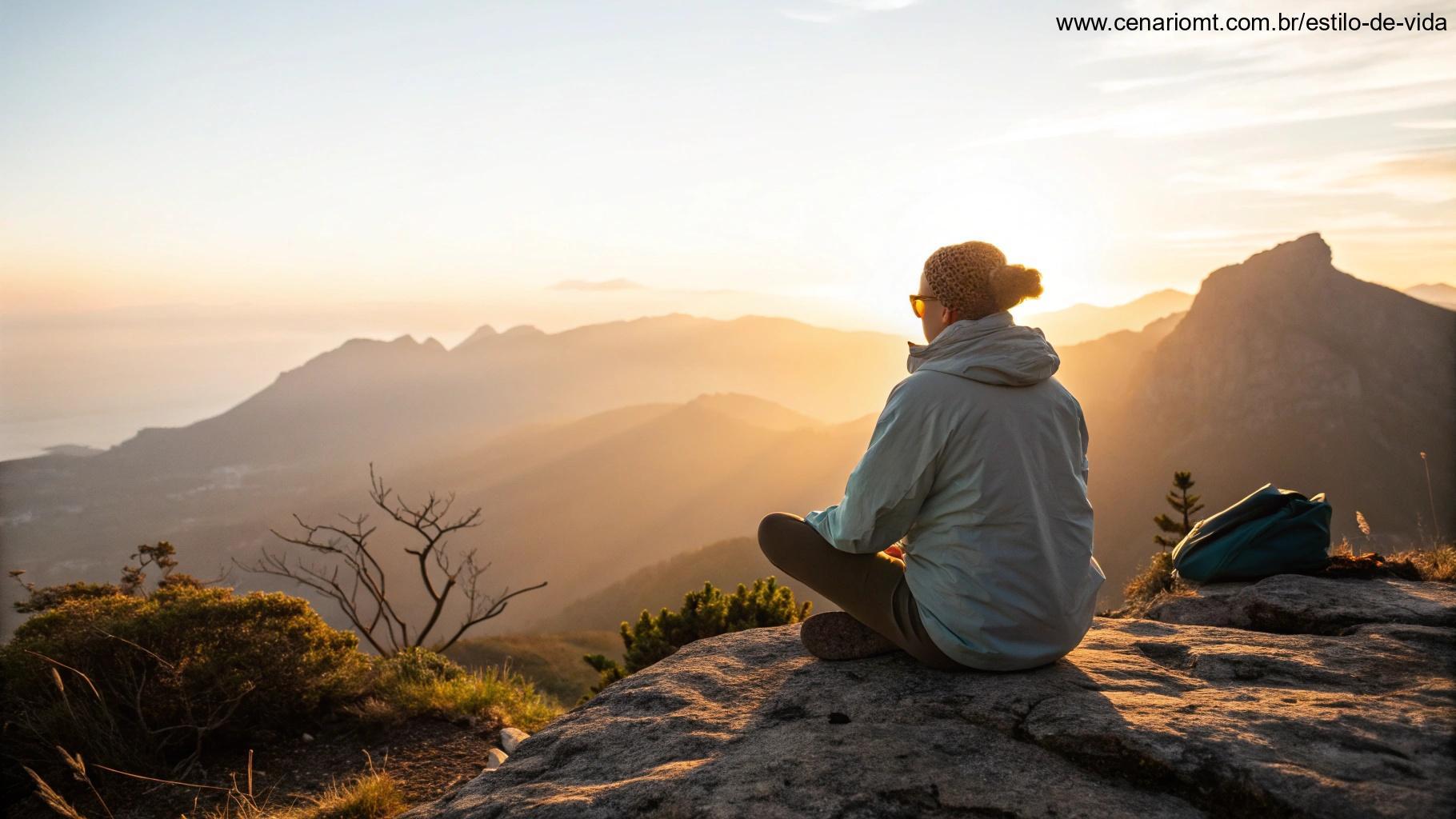 Pessoa meditando em cima de uma montanha ao amanhecer, rodeada por luz dourada suave.