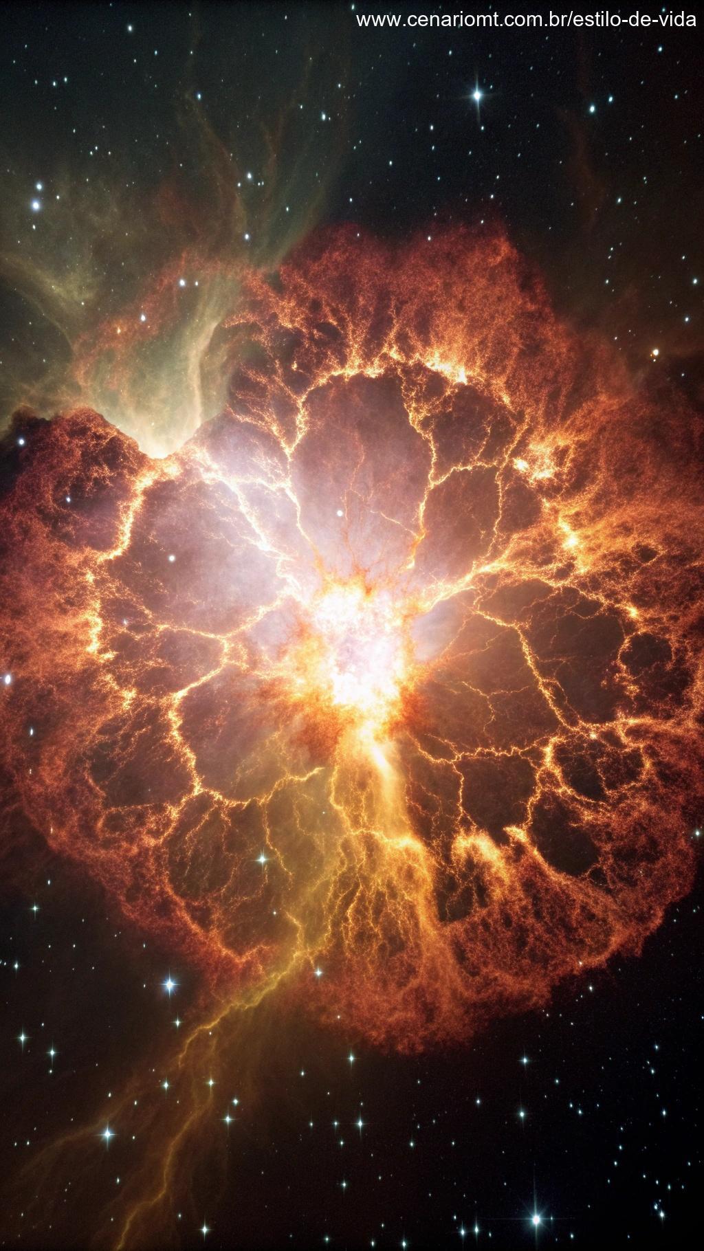 Representação vívida de uma explosão de supernova do tipo Ia, com um brilho intenso e ondas de choque se espalhando pelo espaço ao redor.