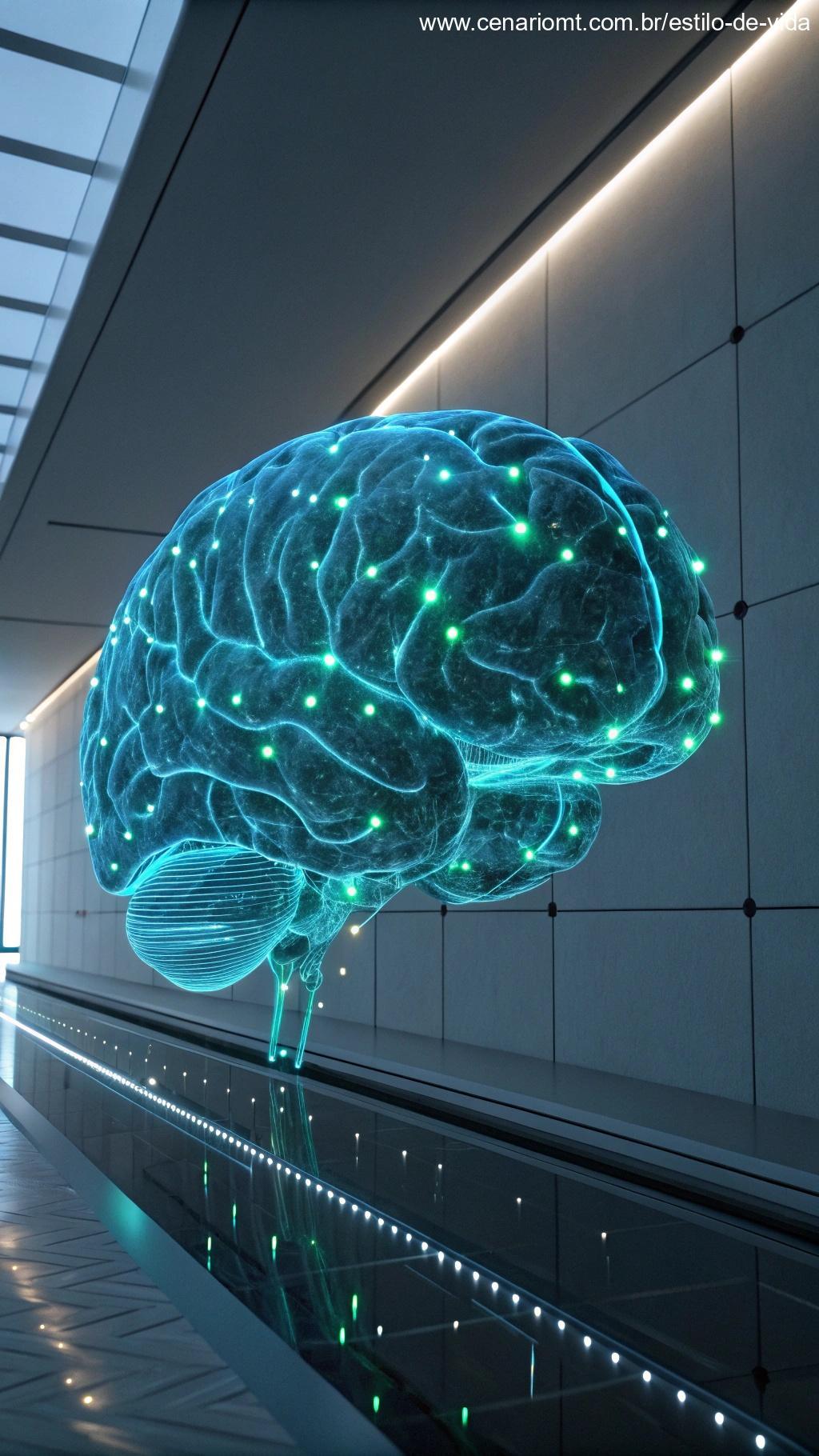 Cérebro futurista com uma interface digital, mostrando o futuro da pesquisa sobre habilidades premonitórias e poderes mentais desconhecidos.