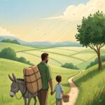 Homem, menino e burro caminhando por um caminho rural.