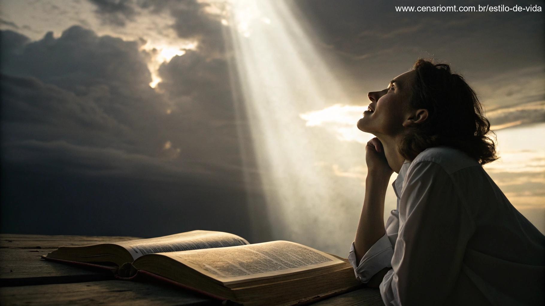 Palavras divinas fluindo como luz de um livro aberto, iluminando o rosto pensativo de uma pessoa.