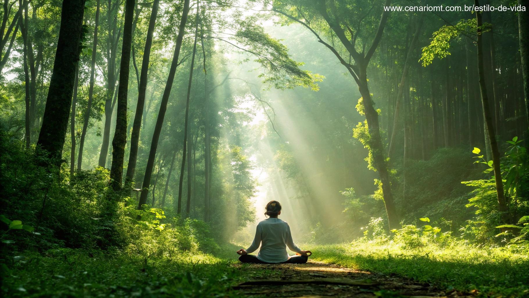 Pessoa meditando em uma floresta tranquila, com raios de luz irradiando ao redor.
