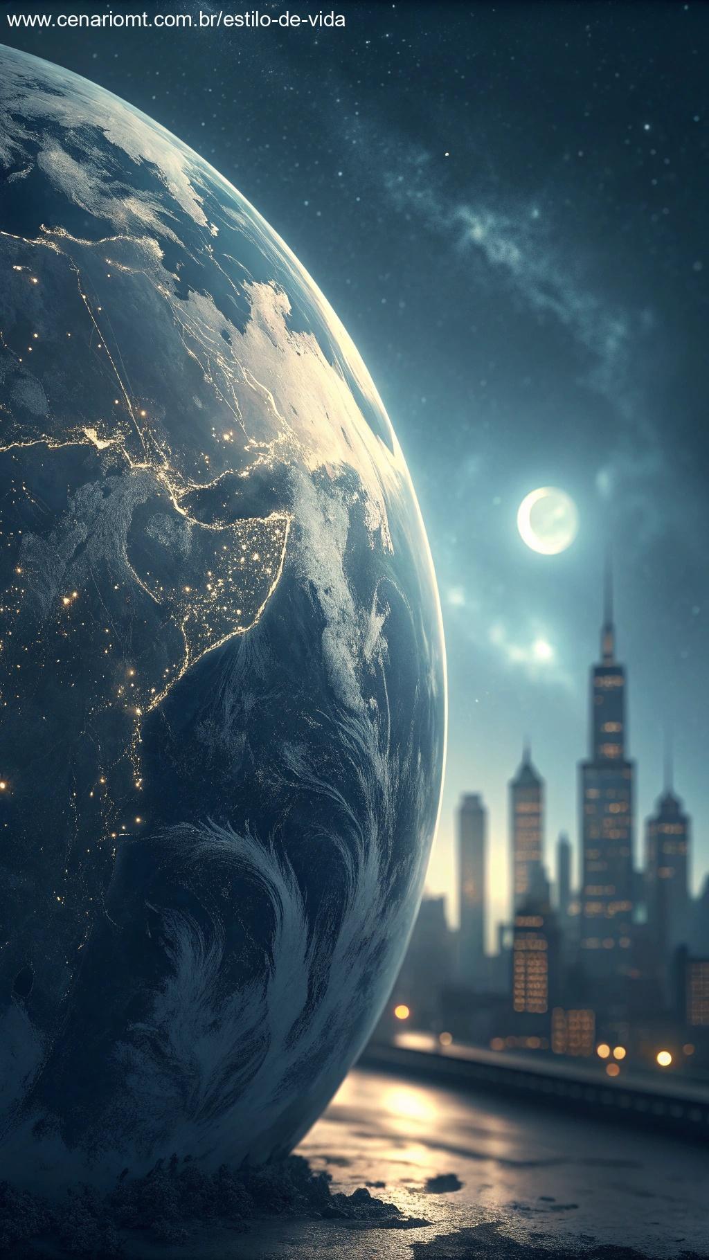 Ilustração futurista da Terra com dias mais curtos e luzes urbanas desfocadas.