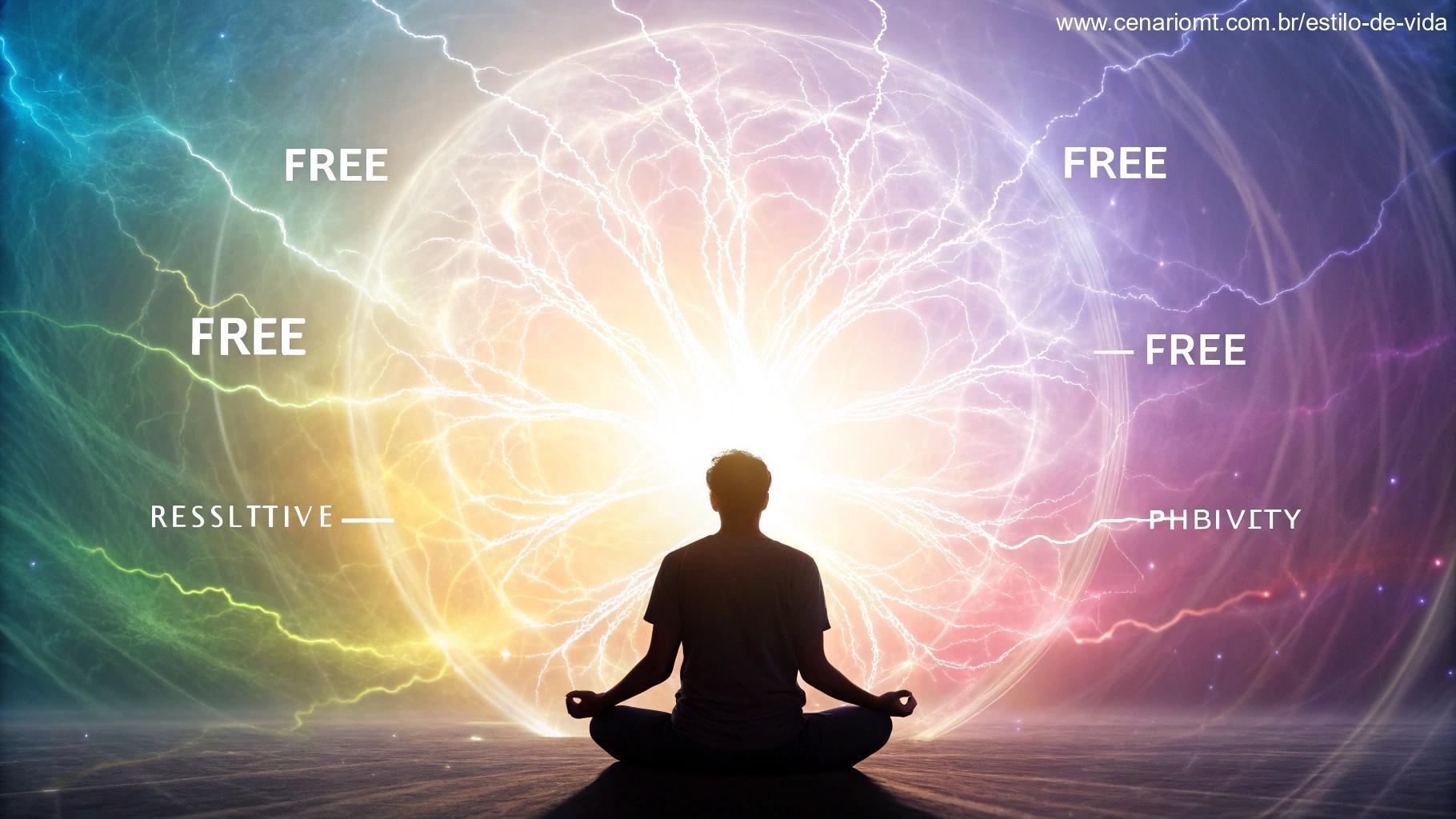 Campo de energia radiante envolvendo uma figura calma em pose meditativa, com fundo colorido representando o fluxo de energia positiva.