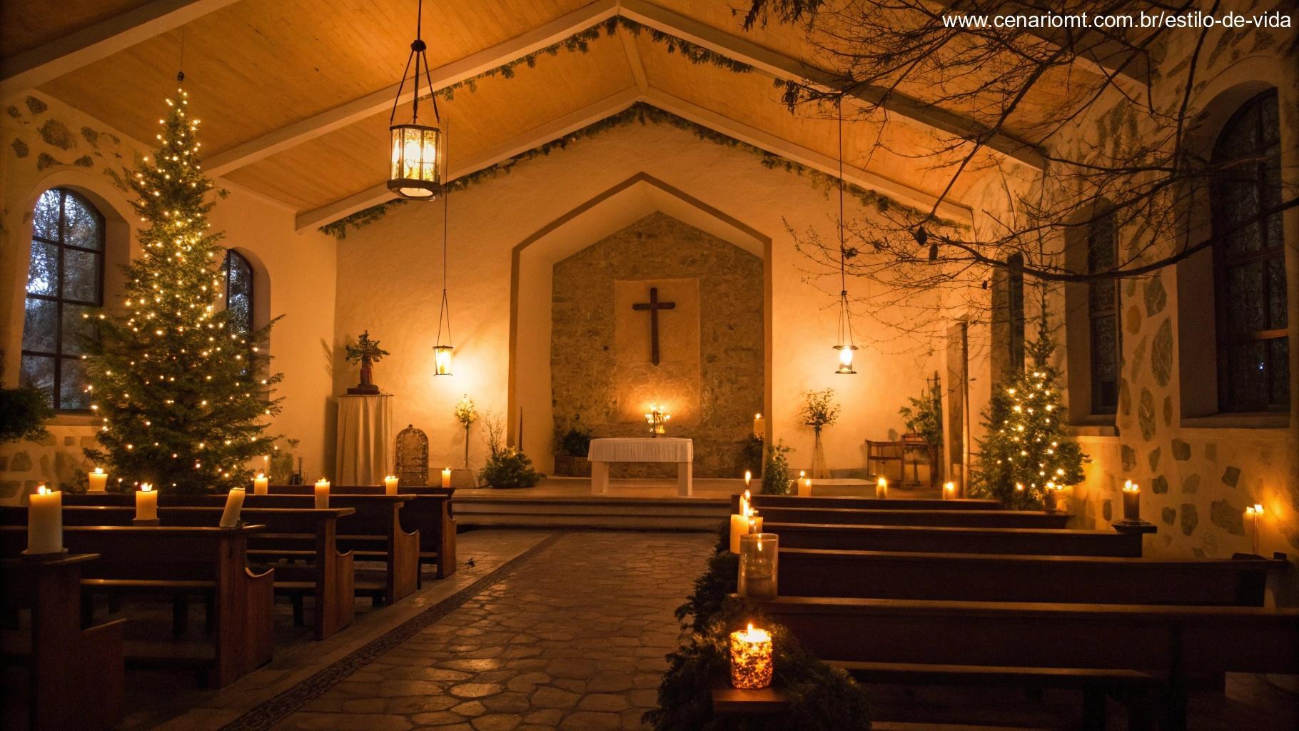 Capela iluminada por velas suaves, transmitindo fé e paz no início de março.