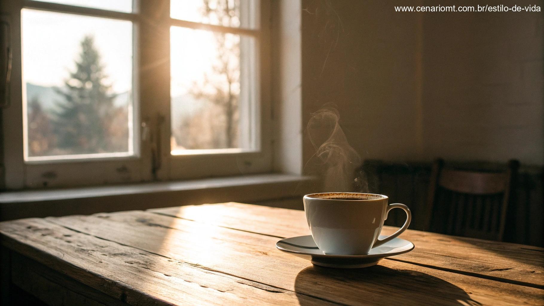 Xícara de café sobre uma mesa de madeira, com luz suave da manhã entrando pela janela, criando uma atmosfera aconchegante e de gratidão.