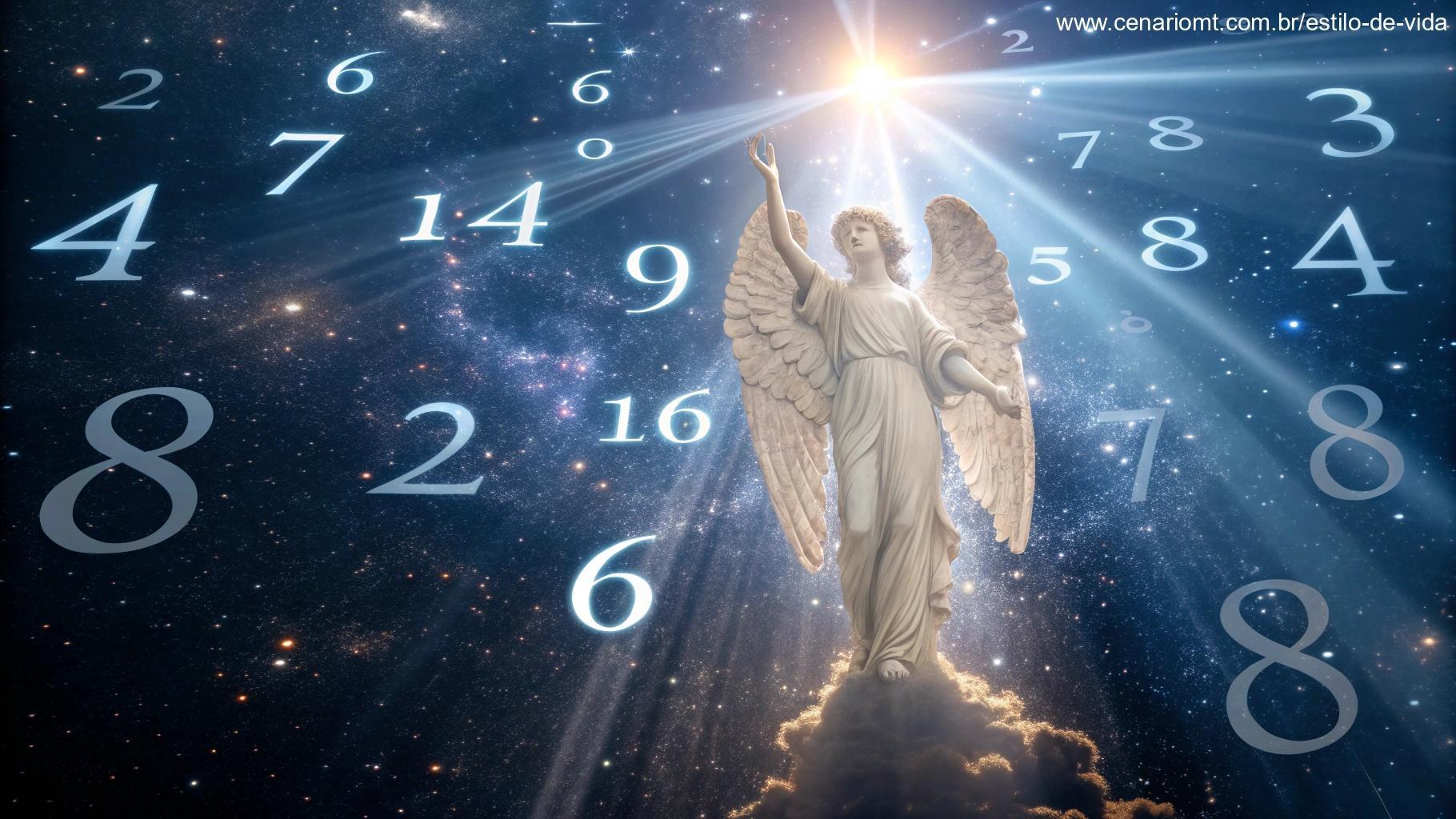 Uma visão celestial ilustrando o poder da numerologia angelical em 1919, com um anjo radiante e energia divina.