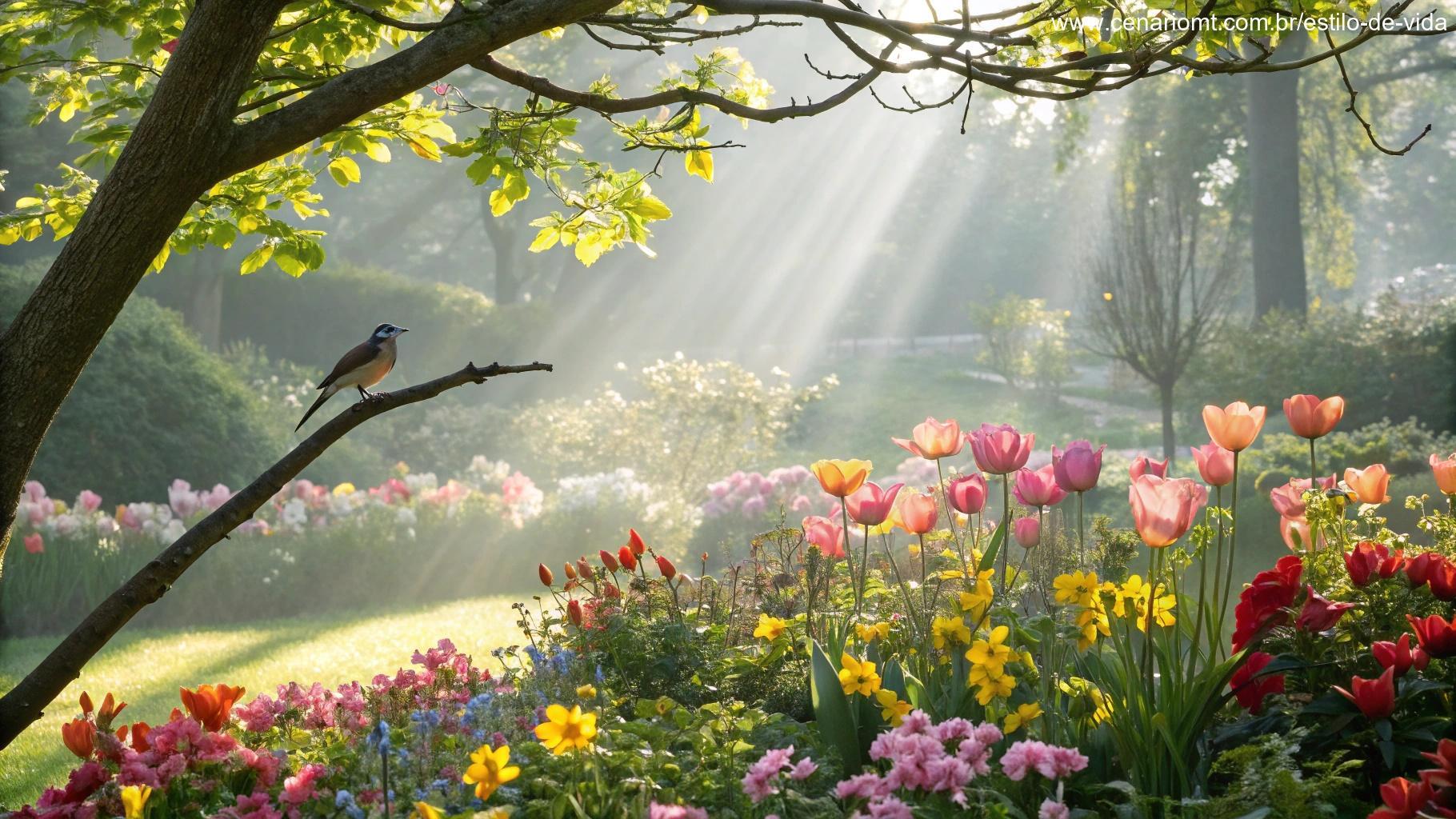 Jardim brilhante e alegre pela manhã, cheio de flores coloridas, raios de sol passando pelas folhas e um pequeno pássaro pousado em um galho, representando o poder das bênçãos pela manhã.