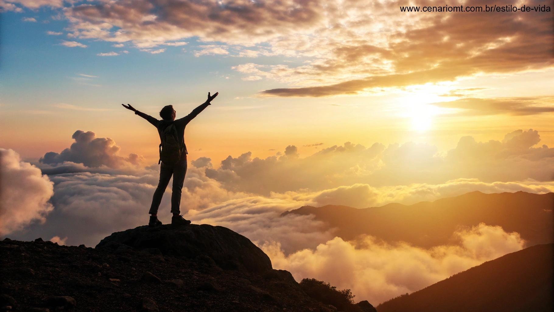 Imagem inspiradora de uma pessoa no topo de uma montanha ao nascer do sol, com os braços erguidos em direção ao céu.