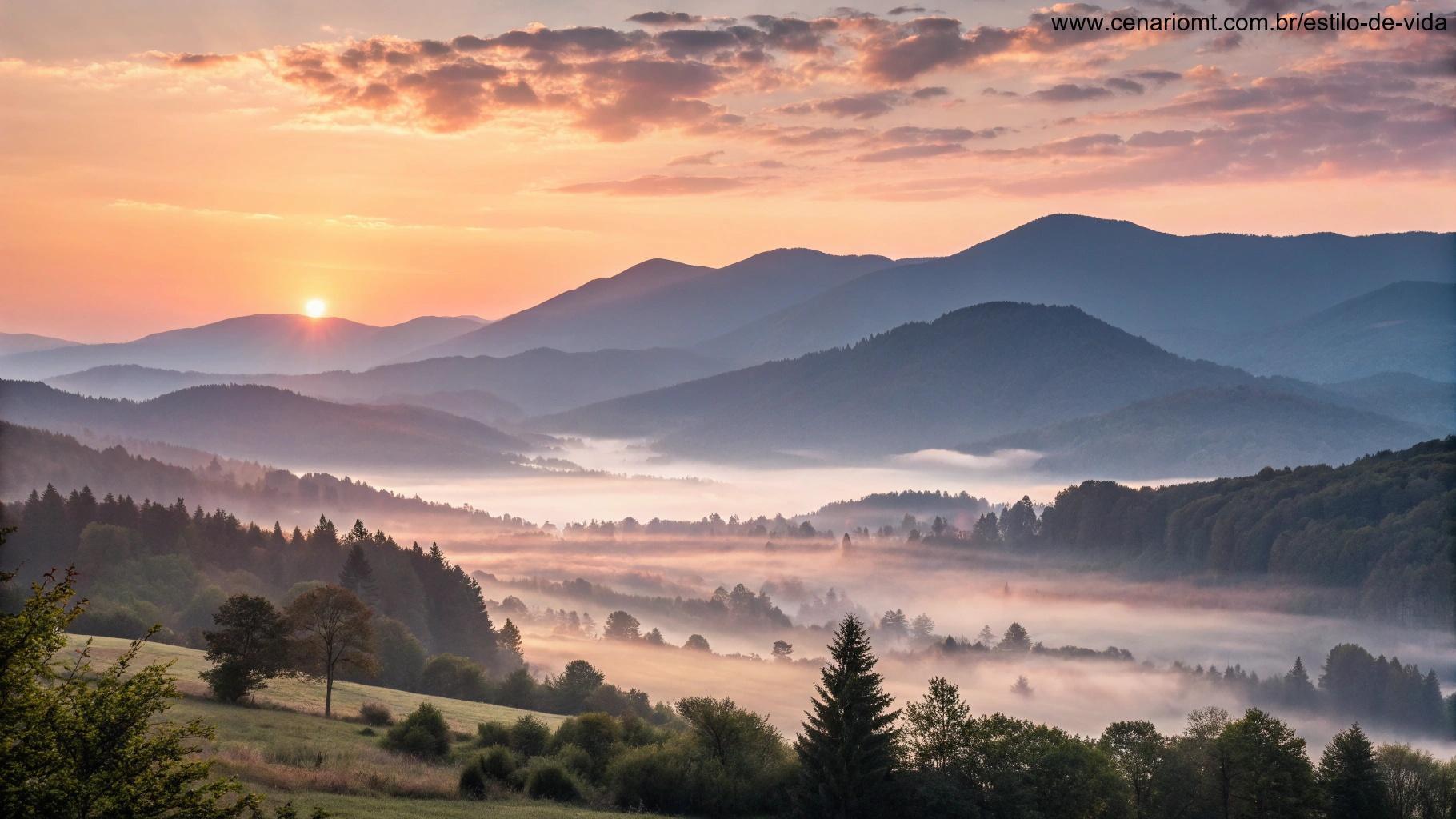 Paisagem serena de manhã com o sol nascendo atrás de uma cadeia de montanhas, iluminando suavemente a cena.