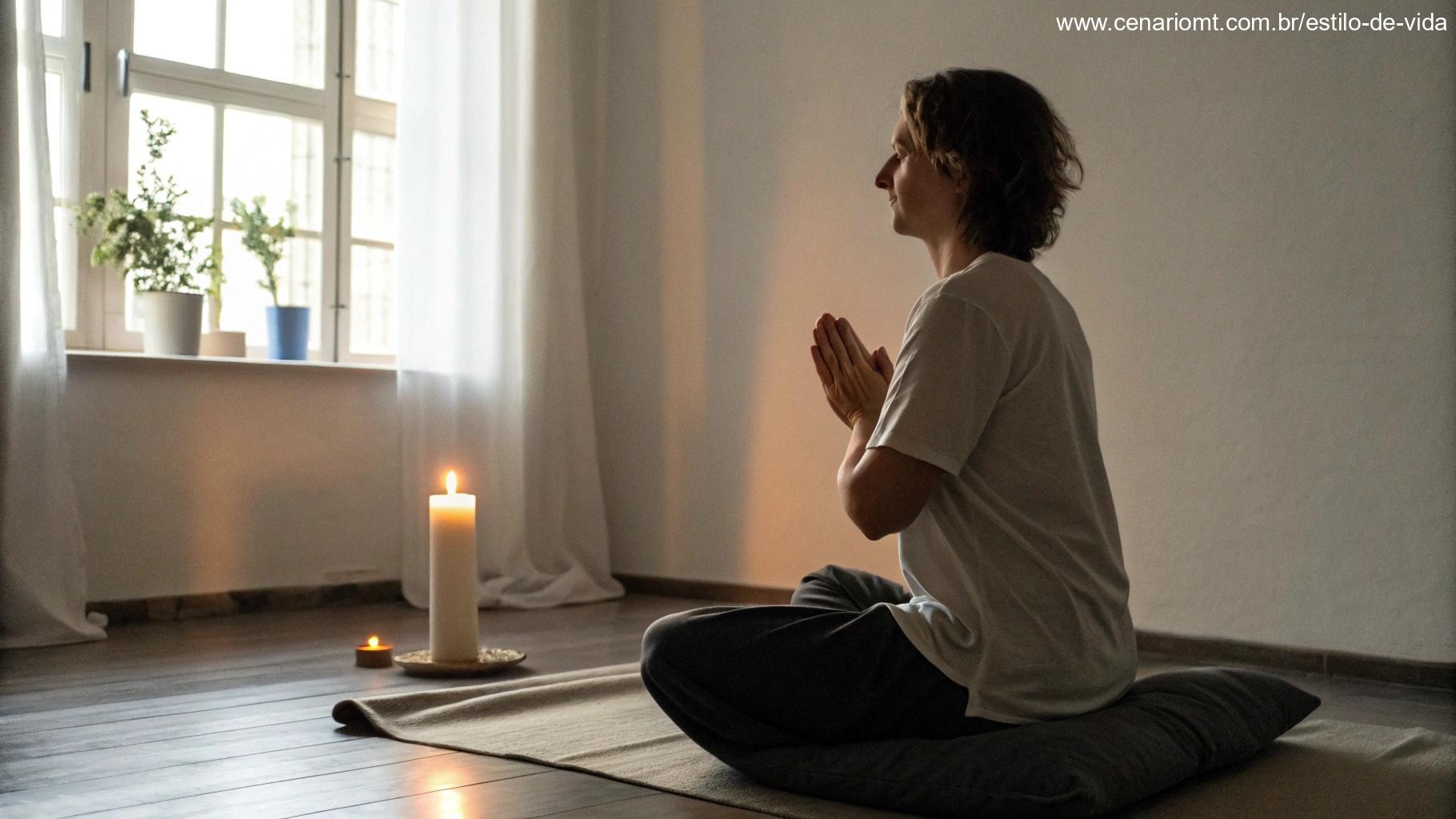 Pessoa sentada em um ambiente tranquilo, meditando ou rezando, com uma vela acesa ao lado.
