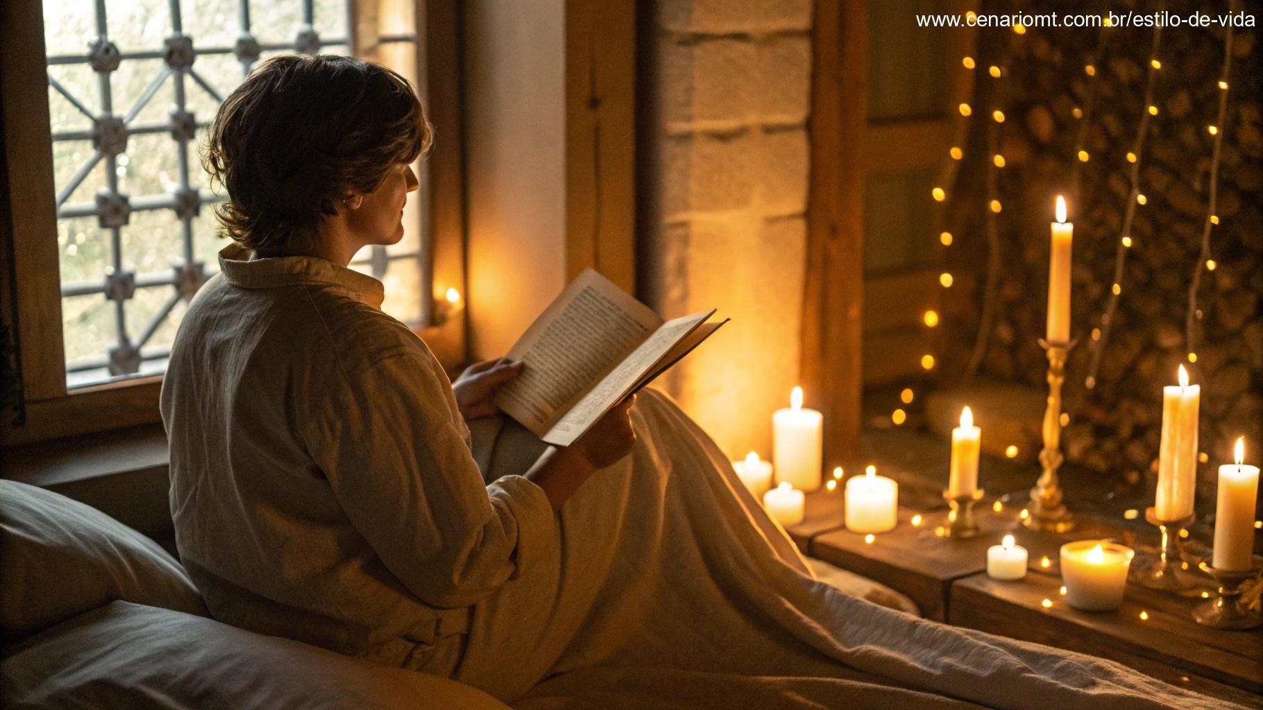 Pessoa lendo um manuscrito iluminado em um ambiente tranquilo, cercada por velas e uma luz dourada acolhedora.