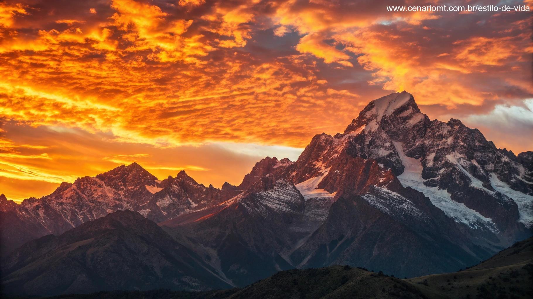 Um nascer do sol poderoso sobre uma cadeia de montanhas, com cores vibrantes de laranja, amarelo e vermelho. A luz simboliza a transformação e o despertar espiritual, representando o poder transformador de 2020.