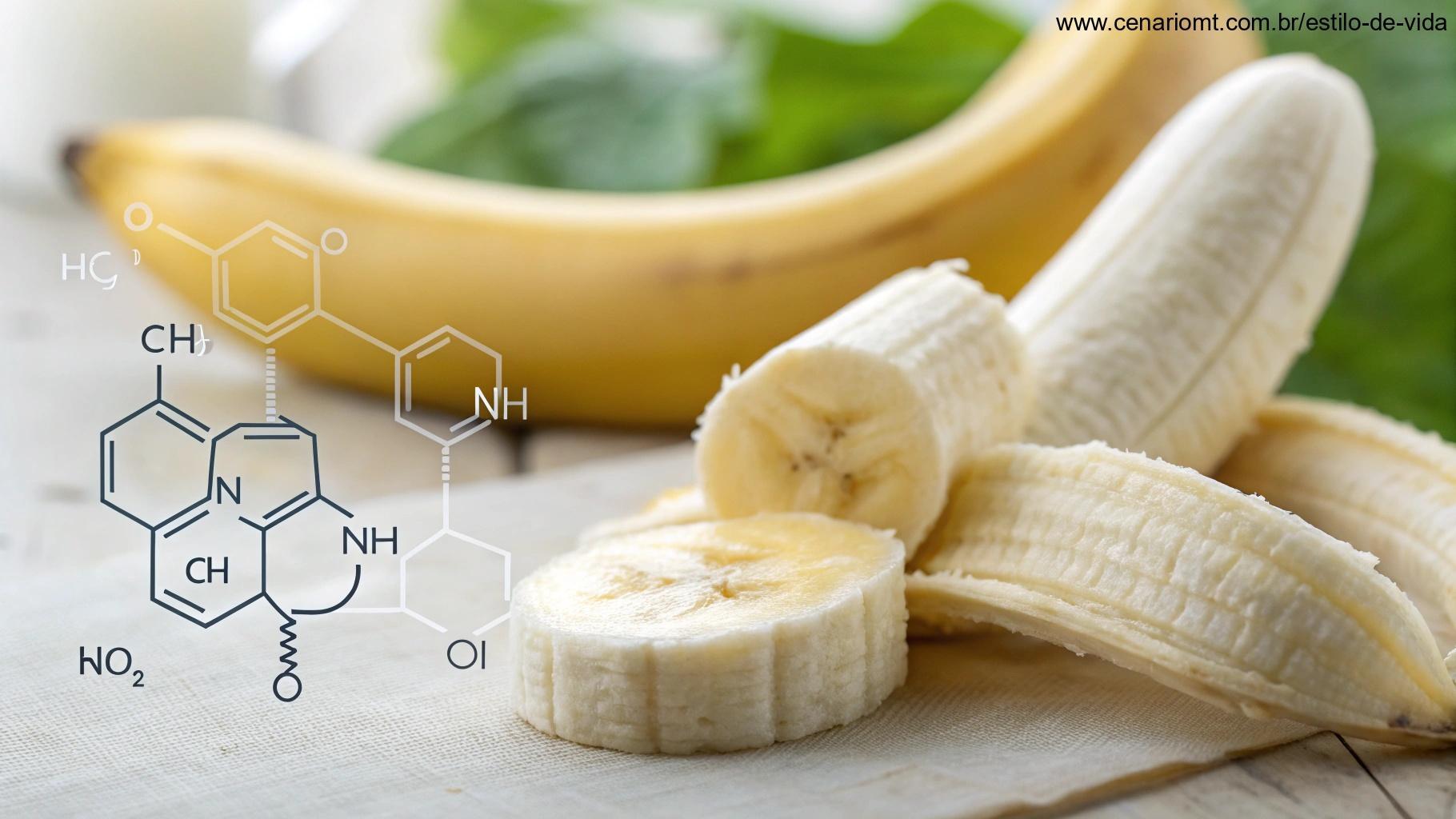 Close de uma banana descascada ao lado de uma ilustração científica de moléculas de potássio.