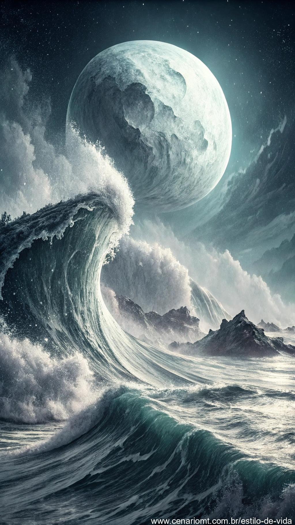 Cena realista do oceano com perturbações extremas nas marés devido à ausência da Lua.