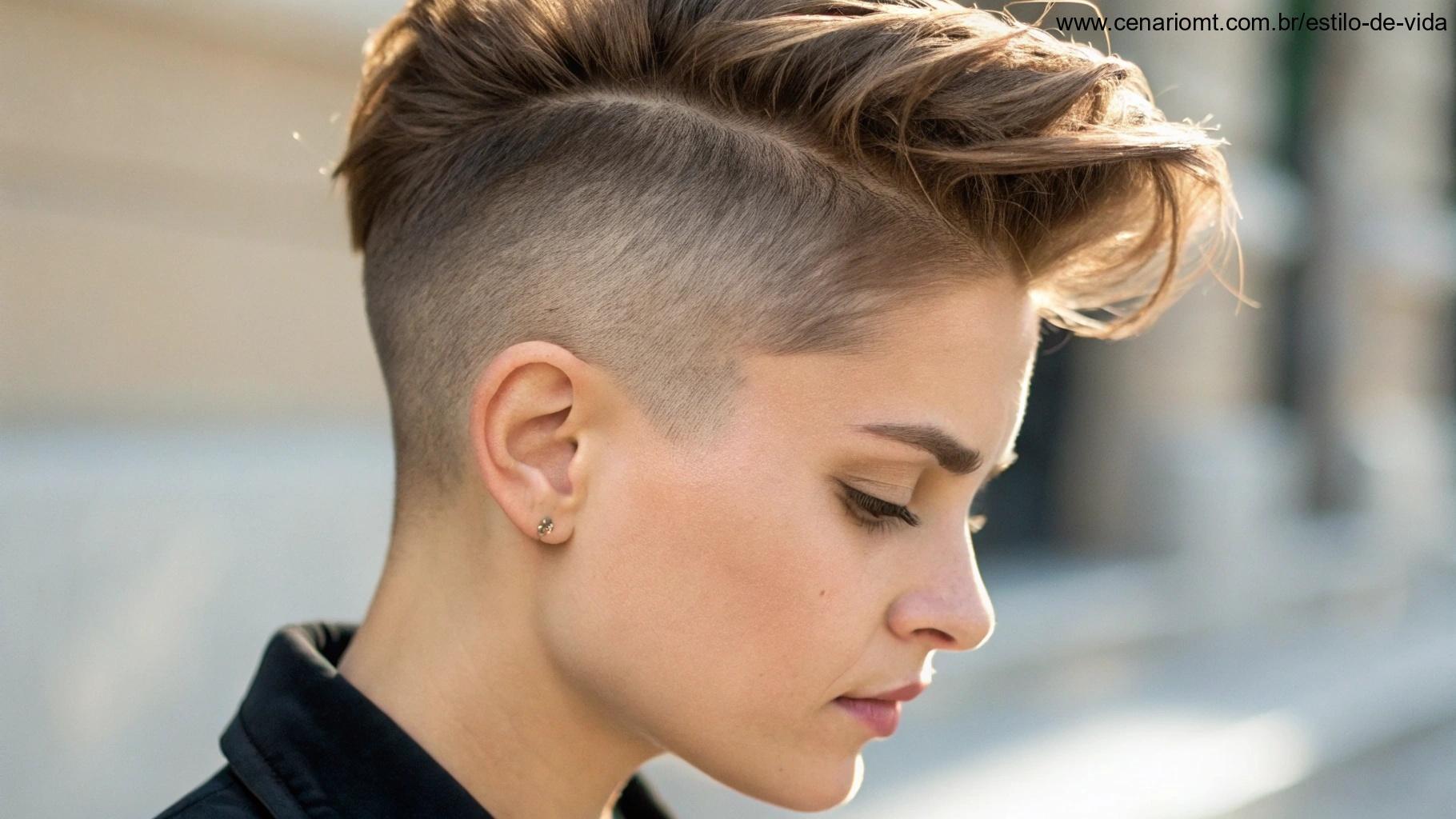 Close de uma pessoa com corte curto e undercut, destacando a parte raspada e o volume do topo.