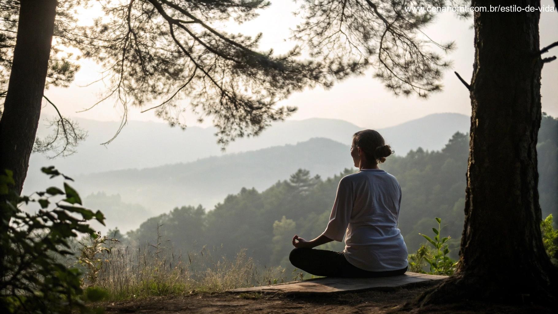 Cena tranquila com uma pessoa meditando em um ambiente natural, simbolizando o significado espiritual do zumbido no ouvido esquerdo.