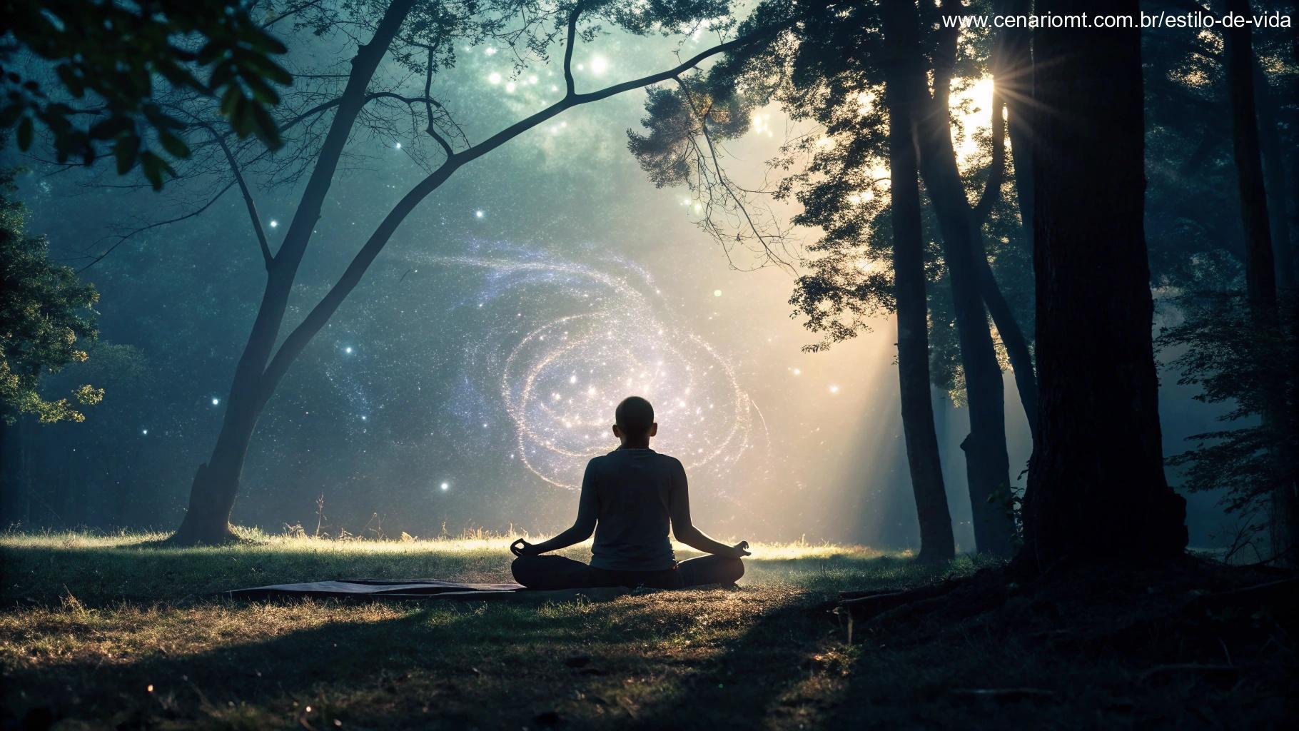 Uma figura meditativa em uma clareira tranquila, cercada por ondas de energia brilhantes.