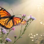 Uma borboleta colorida com as asas abertas, cercada por luz suave e flores delicadas, simbolizando transformação e liberdade.