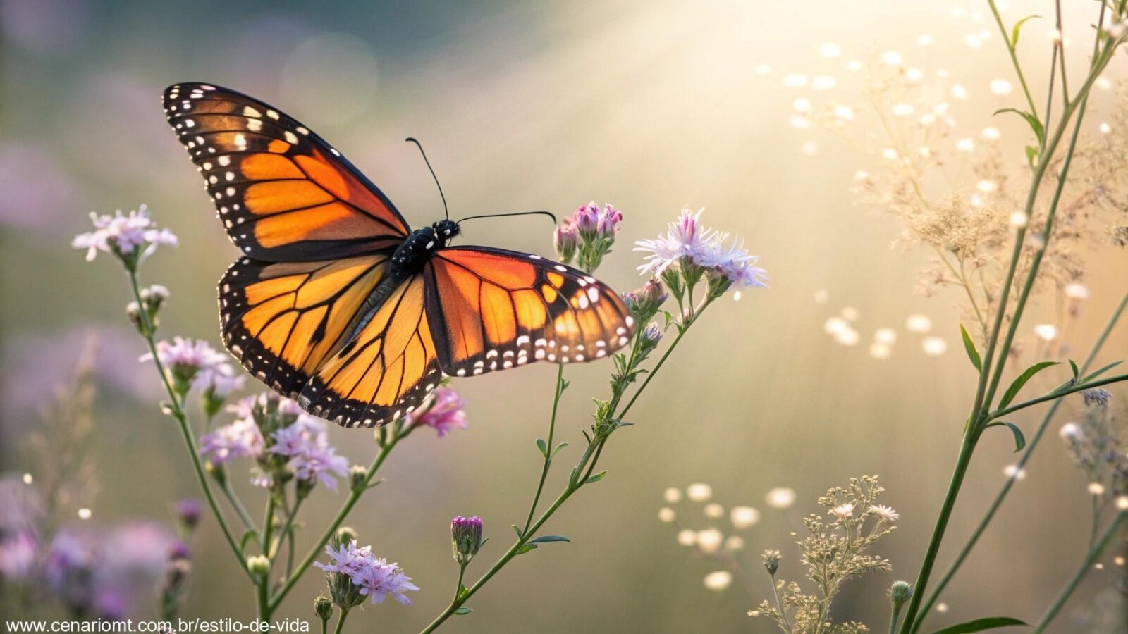 Uma borboleta colorida com as asas abertas, cercada por luz suave e flores delicadas, simbolizando transformação e liberdade.