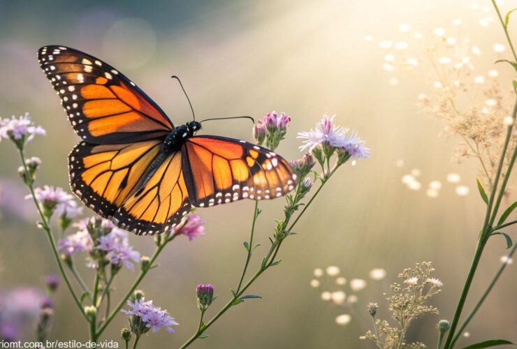 Uma borboleta colorida com as asas abertas, cercada por luz suave e flores delicadas, simbolizando transformação e liberdade.