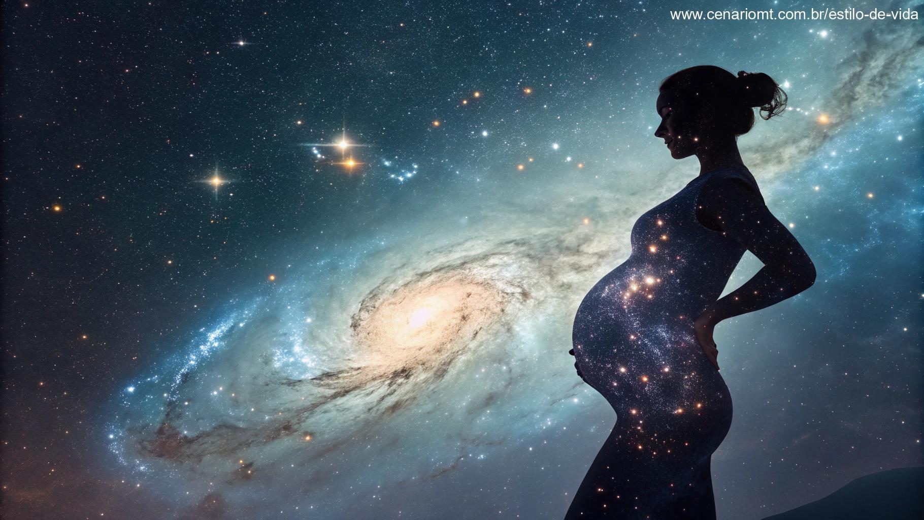 Silhueta radiante de uma mulher em um fundo cósmico, representando um despertar espiritual profundo.