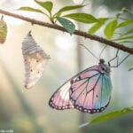 Uma borboleta vibrante e etérea emergindo de um casulo, cercada por uma luz suave e um ambiente natural tranquilo, simbolizando transformação e liberdade.