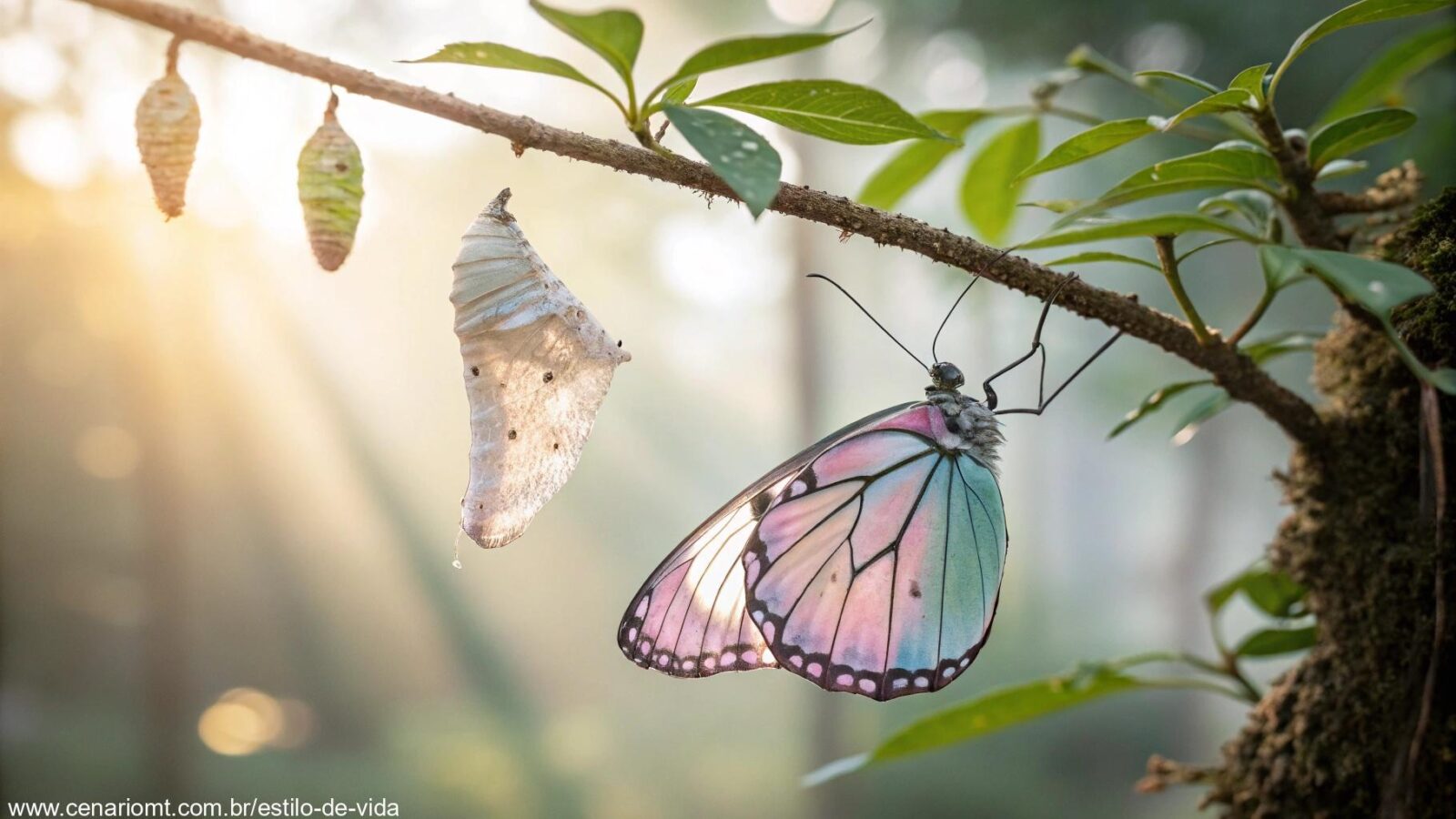 Uma borboleta vibrante e etérea emergindo de um casulo, cercada por uma luz suave e um ambiente natural tranquilo, simbolizando transformação e liberdade.
