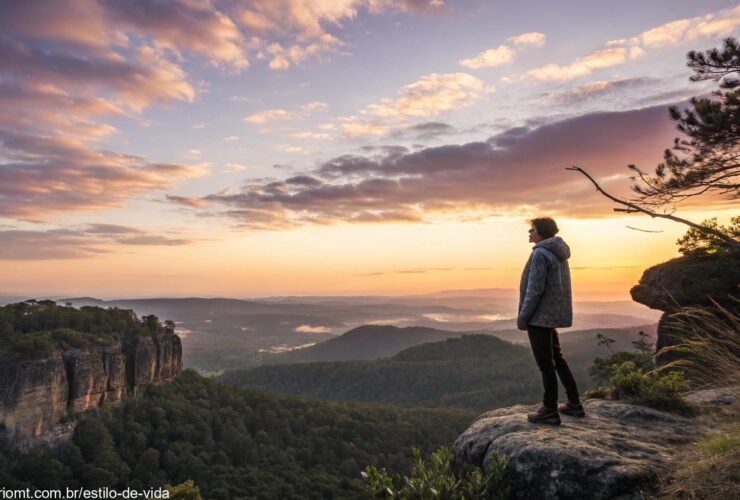Uma paisagem serena com uma pessoa em pé na beira de um penhasco, olhando para o horizonte enquanto o sol se põe, com cores suaves e tons de dourado, rosa e roxo, simbolizando clareza e visão.