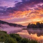 Paisagem serena e mística ao pôr do sol, com tons vibrantes de roxo, laranja e dourado no céu, e um rio calmo refletindo a luz.