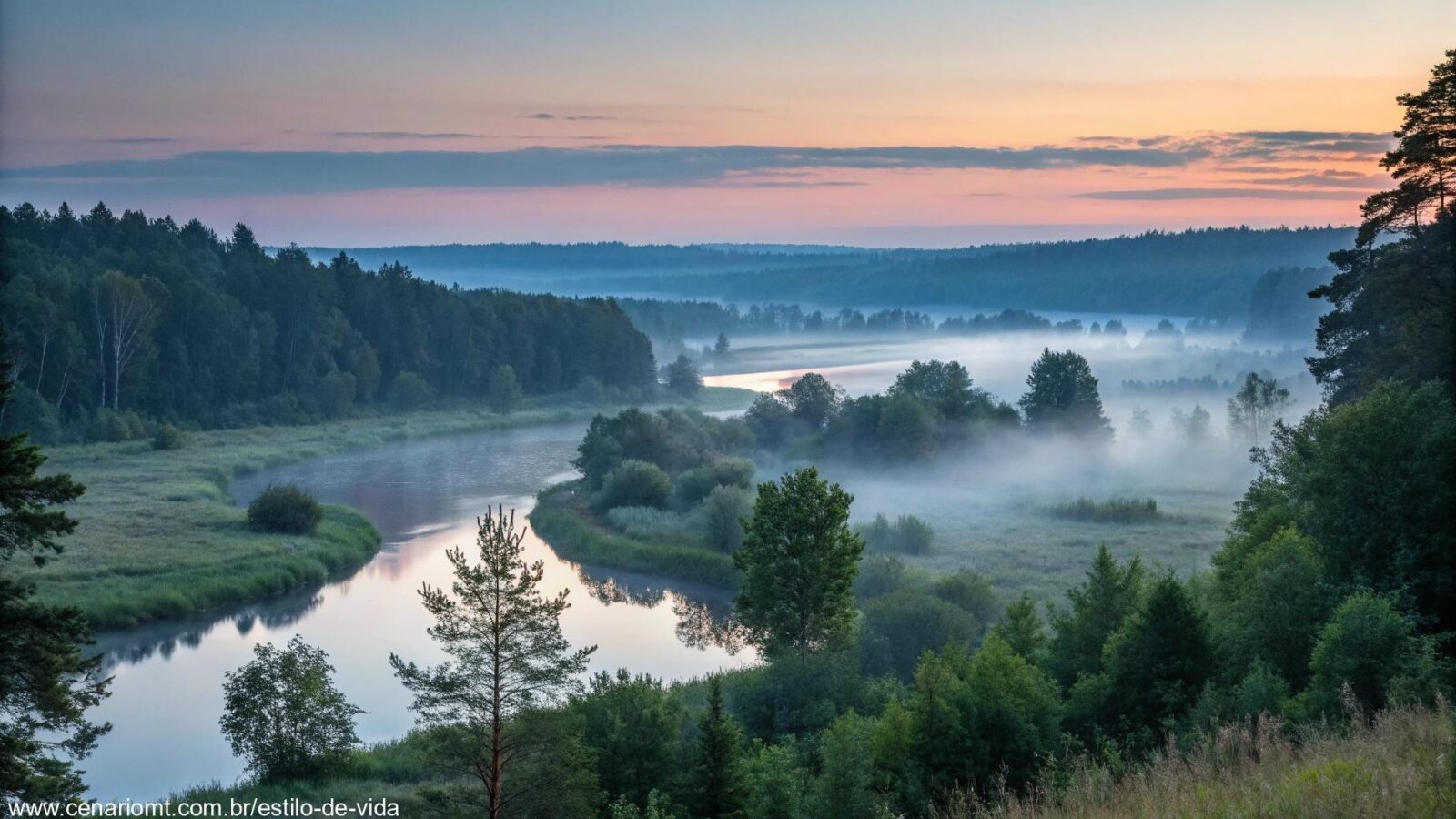 Paisagem tranquila ao amanhecer, com luz suave e cores calmas, simbolizando equilíbrio espiritual e novos começos.