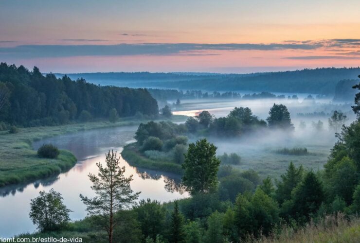 Paisagem tranquila ao amanhecer, com luz suave e cores calmas, simbolizando equilíbrio espiritual e novos começos.