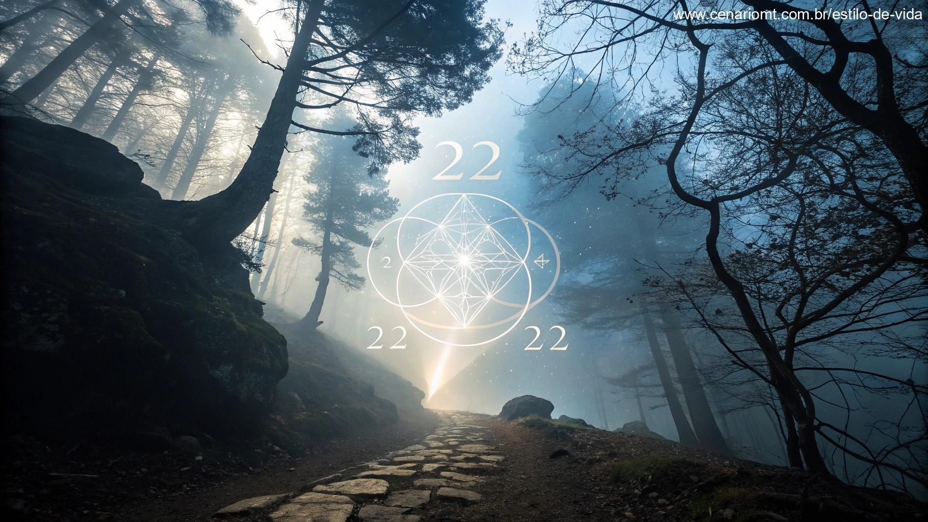 Cena profunda e mística com formas geométricas abstratas e uma aura radiante, representando o significado profundo do número 2222.