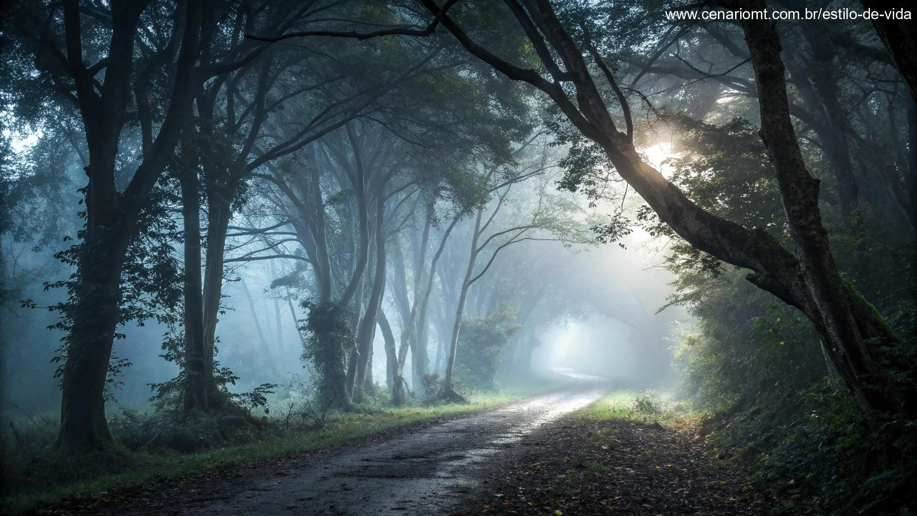 Caminho misterioso em uma floresta com névoa, criando um ambiente de mistério e profundidade.
