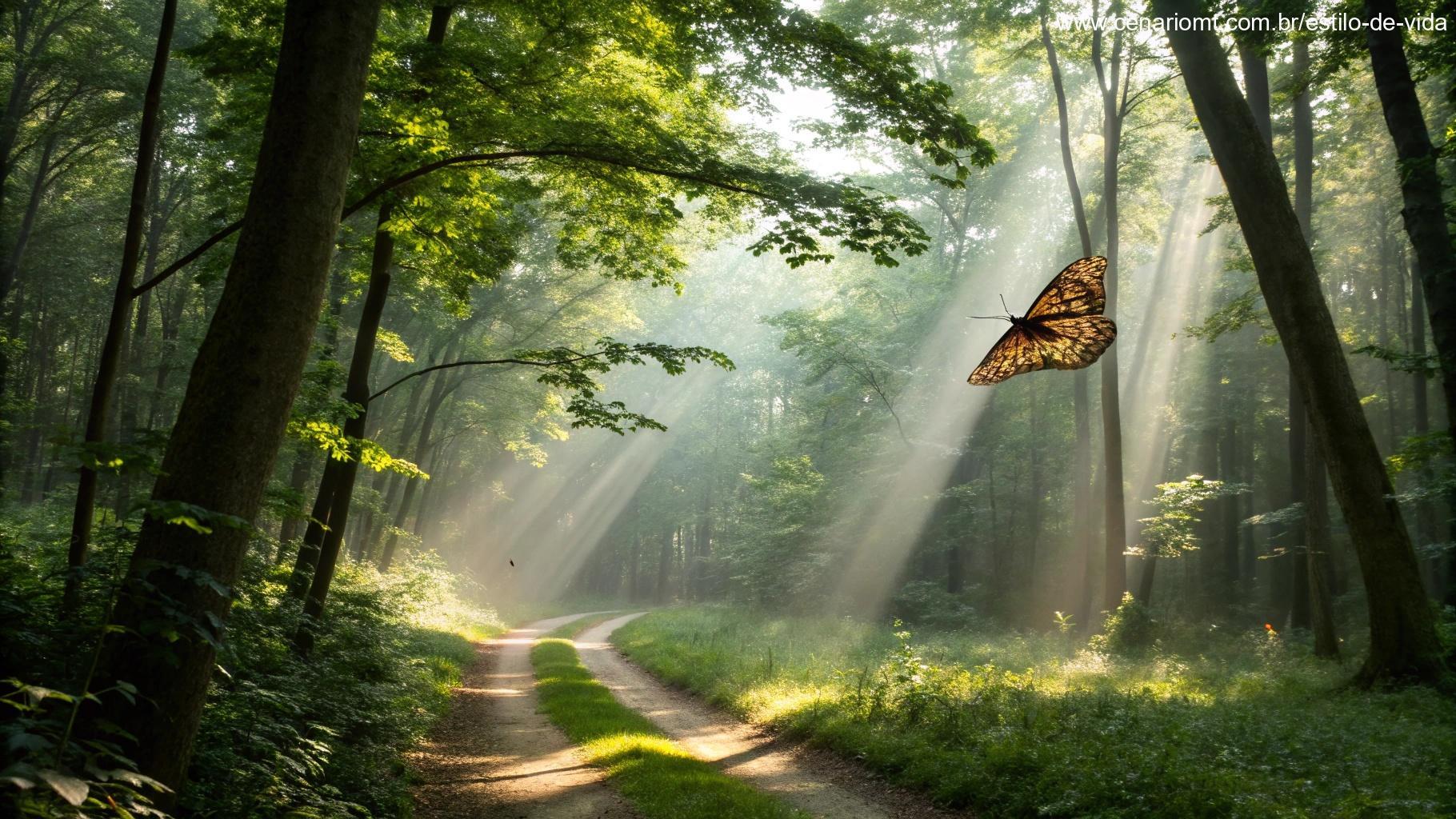 Uma borboleta voando graciosamente por uma floresta serena com a luz do sol filtrando pelas folhas, simbolizando o crescimento espiritual e a conexão entre a natureza e a alma.