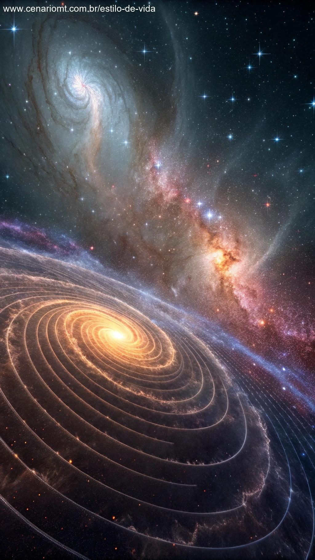 Representação artística das ondas gravitacionais ondulando pelo espaço-tempo, com uma visualização colorida das interações com estrelas e galáxias distantes.