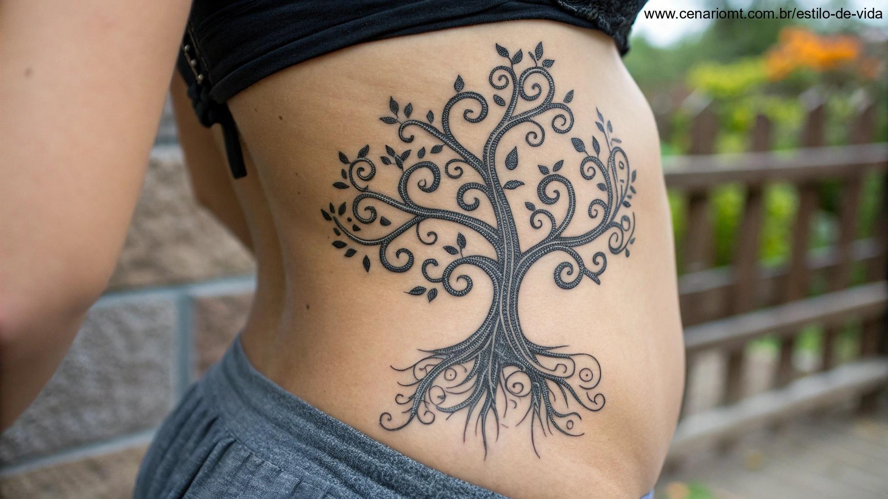 Tatuagem feminina da Árvore da Vida na lateral do corpo, com raízes e galhos detalhados, realçando as curvas naturais.
