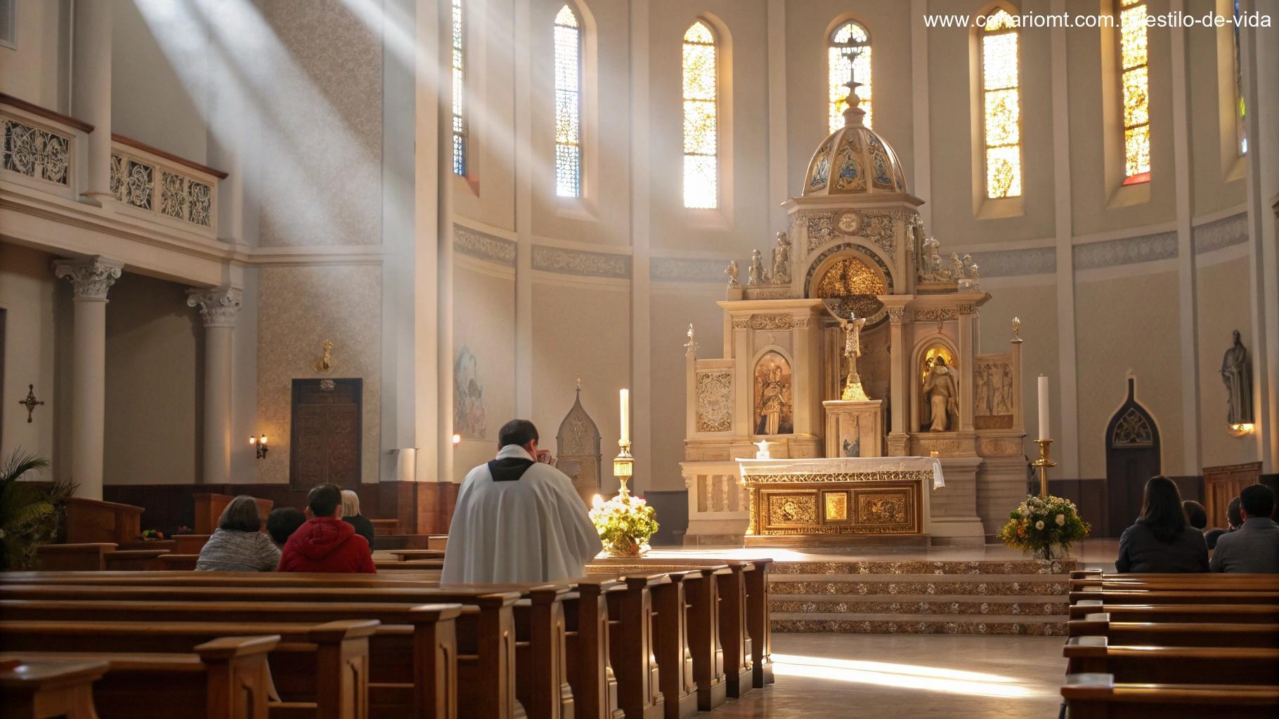 Interior de uma igreja católica com um altar ornamentado, um padre de vestes brancas liderando uma oração, fiéis reunidos em adoração solene e raios de luz entrando pelas janelas altas.