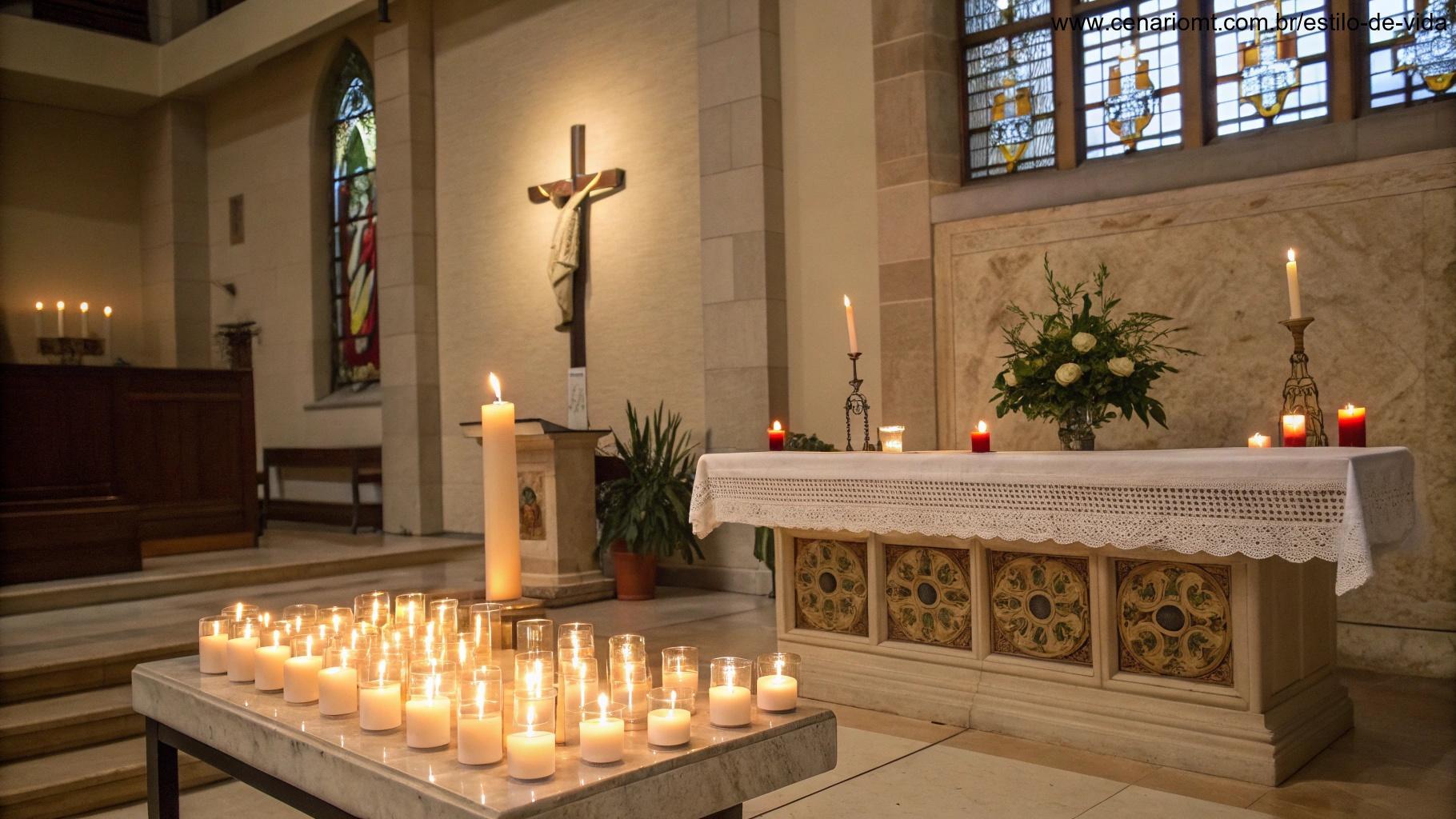 Altar de igreja com velas acesas em um momento de oração católica.