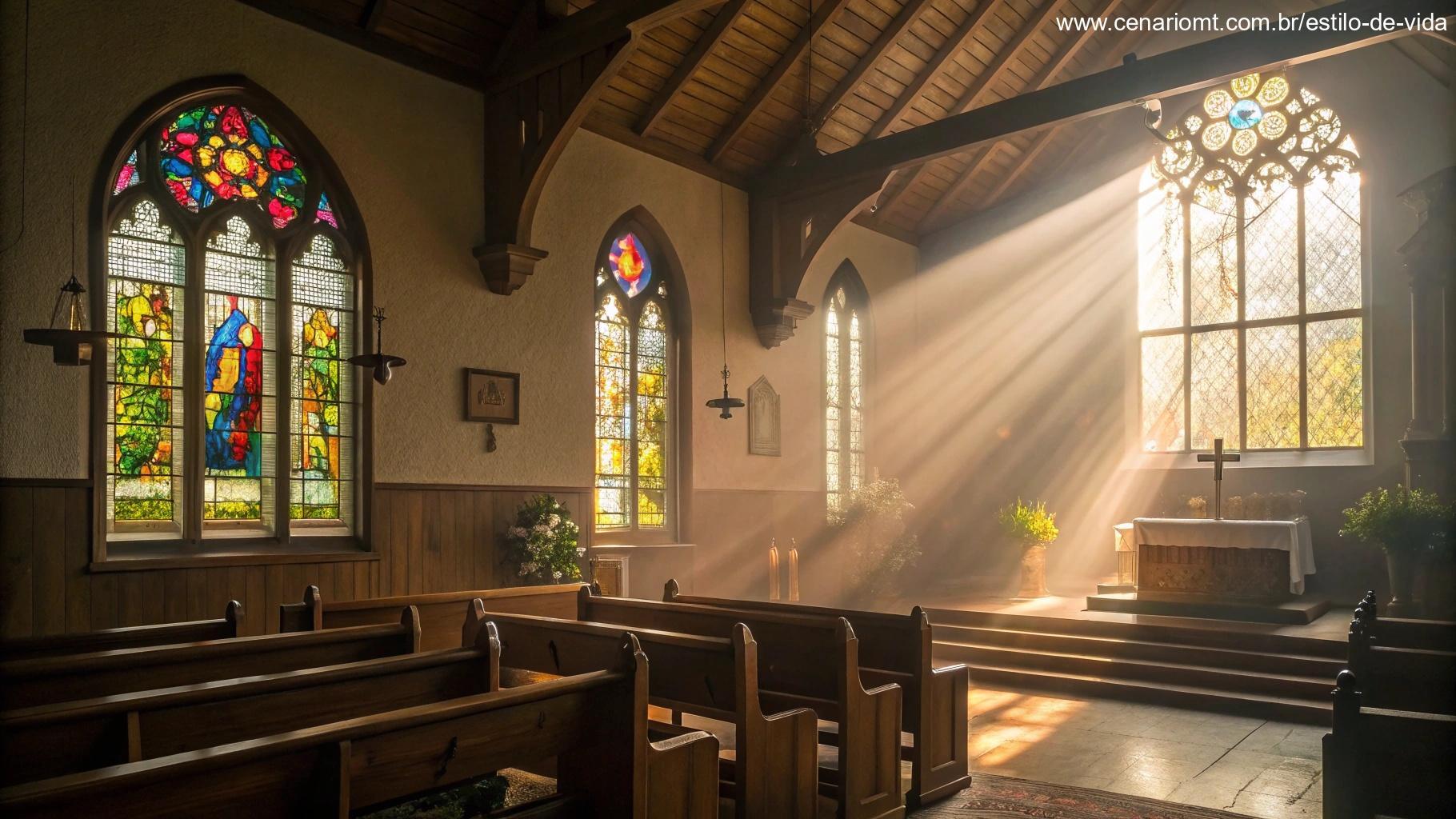 Interior aconchegante de uma igreja com luz suave da manhã entrando pelas janelas de vitrais, criando uma atmosfera tranquila para a oração na quinta-feira, 27 de fevereiro de 2025.