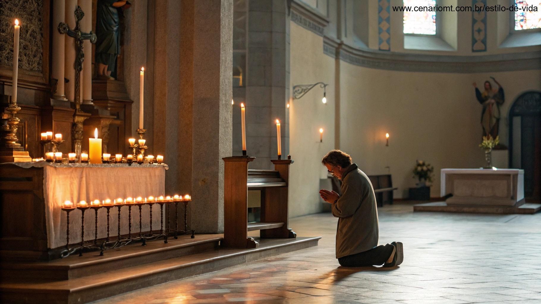 Interior de uma igreja católica com velas acesas e uma pessoa em oração.