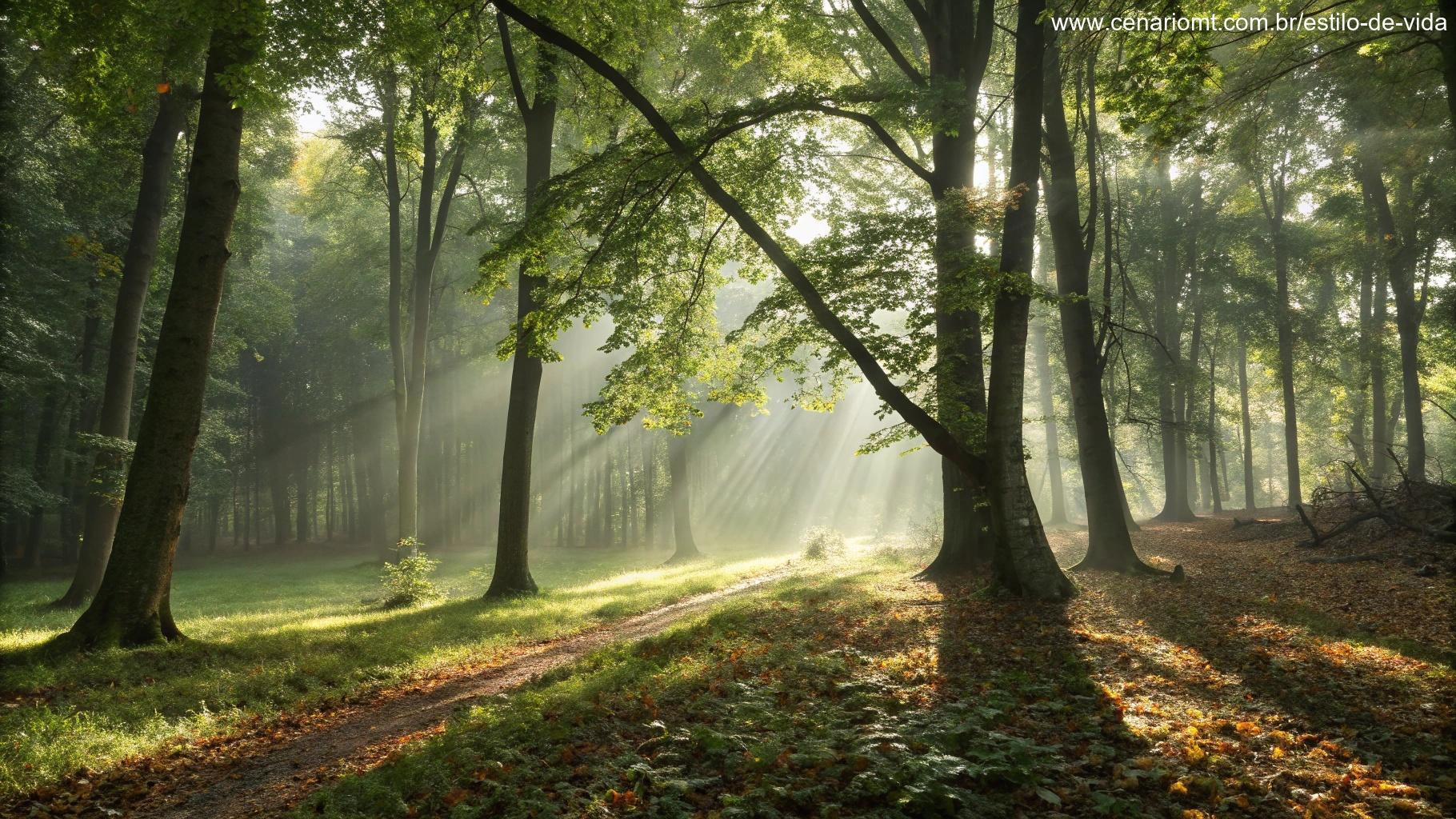 Imagem de uma floresta tranquila com luz suave filtrando pelas árvores.