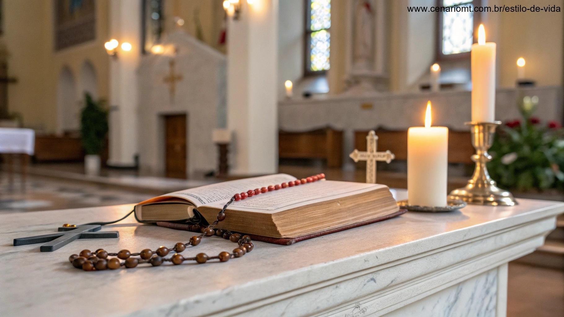 Cena sagrada e acolhedora com um livro de orações católico sobre um altar, velas acesas, um rosário e uma cruz em um ambiente de igreja.