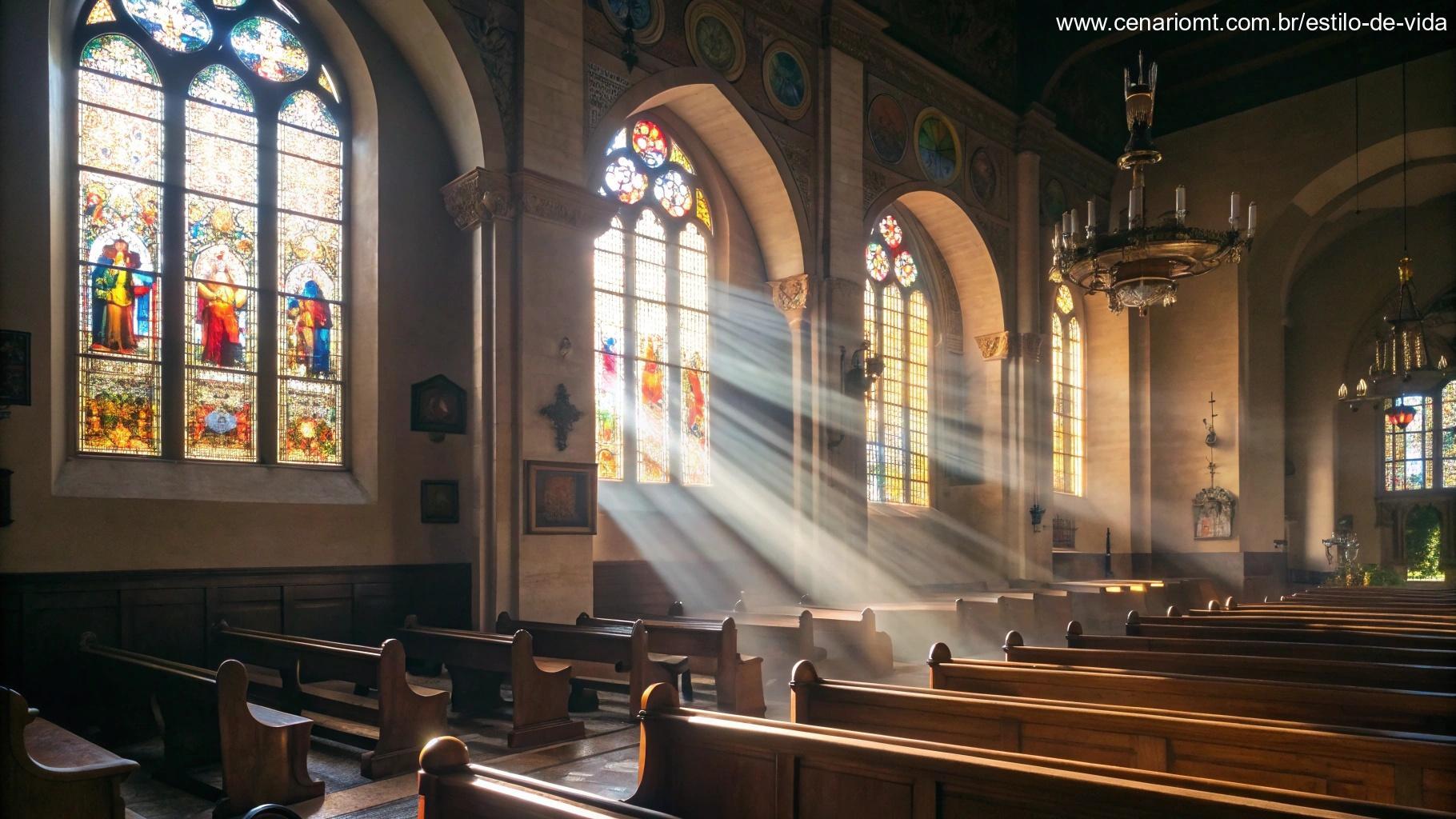 Interior de uma igreja elegante com luz do sol entrando pelas janelas de vitrais, criando uma atmosfera tranquila e contemplativa.