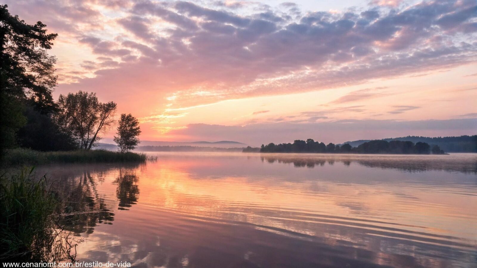 Cenário tranquilo com um amanhecer sobre um lago calmo, simbolizando esperança e novos começos.