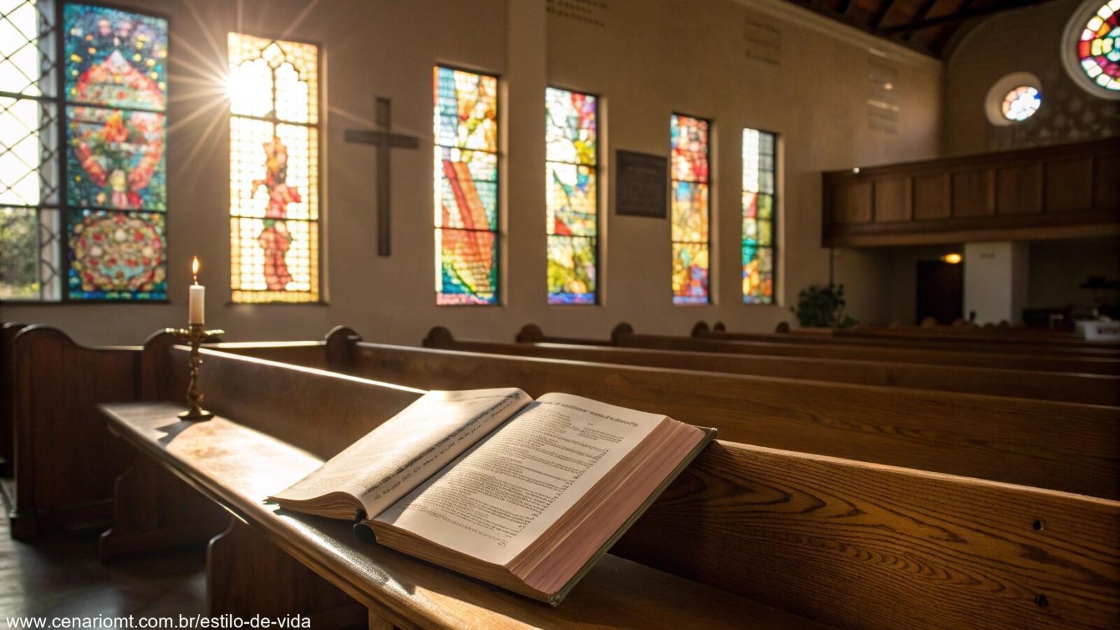 Uma cena serena de manhã de domingo com luz solar passando por vitrais em uma igreja tranquila, um livro de orações aberto em um banco de madeira e um brilho suave de velas no altar.