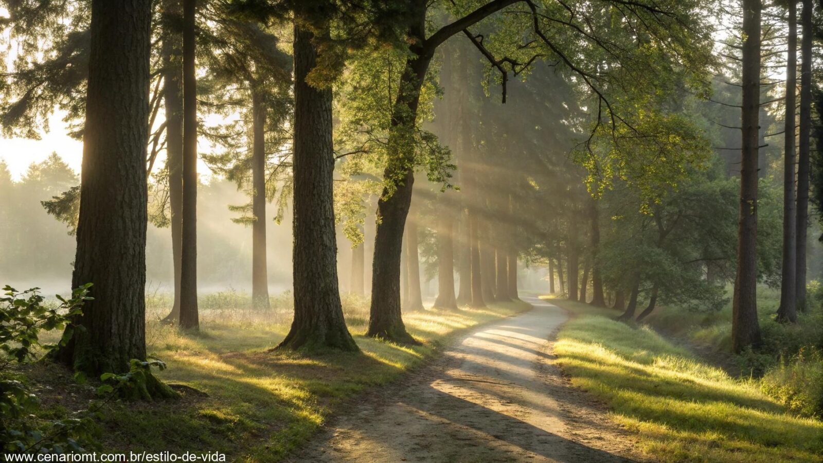 Cena tranquila de manhã com luz suave filtrando através das árvores em uma floresta pacífica, simbolizando um momento de reflexão e oração.