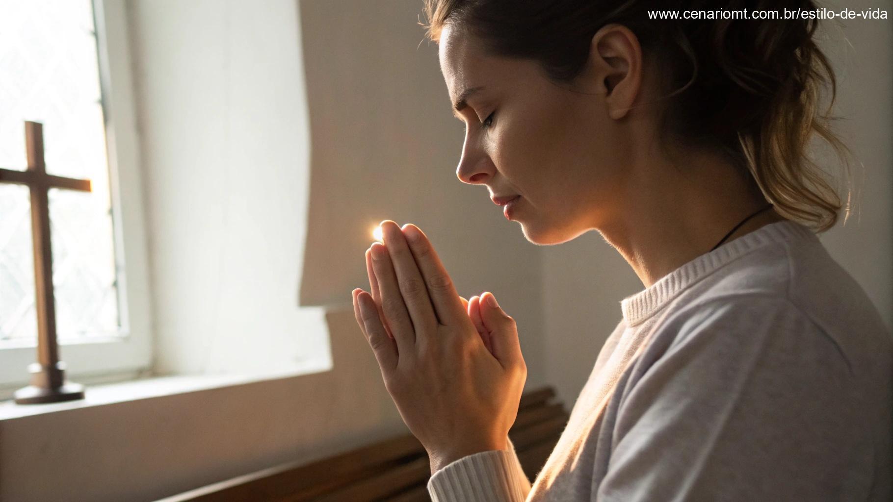 Mãos juntas em oração com uma luz suave ao redor.